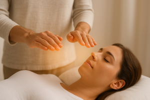 Reiki practitioner holding hands over a woman's body during an energy healing session. Text overlay reads “New to Reiki? Here’s Why You Should Try It—Even If You’ve Never Heard of It,” promoting beginner Reiki education and holistic wellness