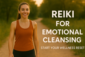 Smiling woman walking outdoors at sunset with text promoting Reiki for emotional cleansing and wellness reset.